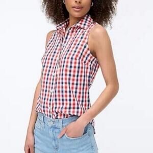 J. Crew Women's Red White Blue Sleeveless Button Up Shirt Check Blouse Size MP